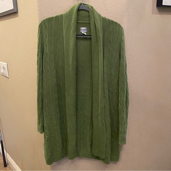 CHICO’S Women Green Linen Blend Longline Open Knit Cardigan Sweater Size 2(L/12) - Picture 1 of 6
